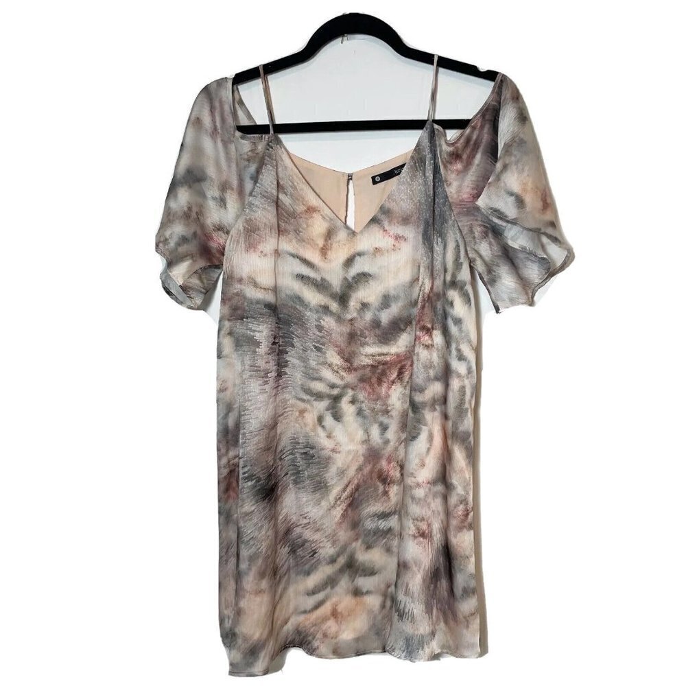 Krisa Womens Cold Shoulder Mini Sheath Tunic Dress Grey Tie Dye S V-Neck Lined‎